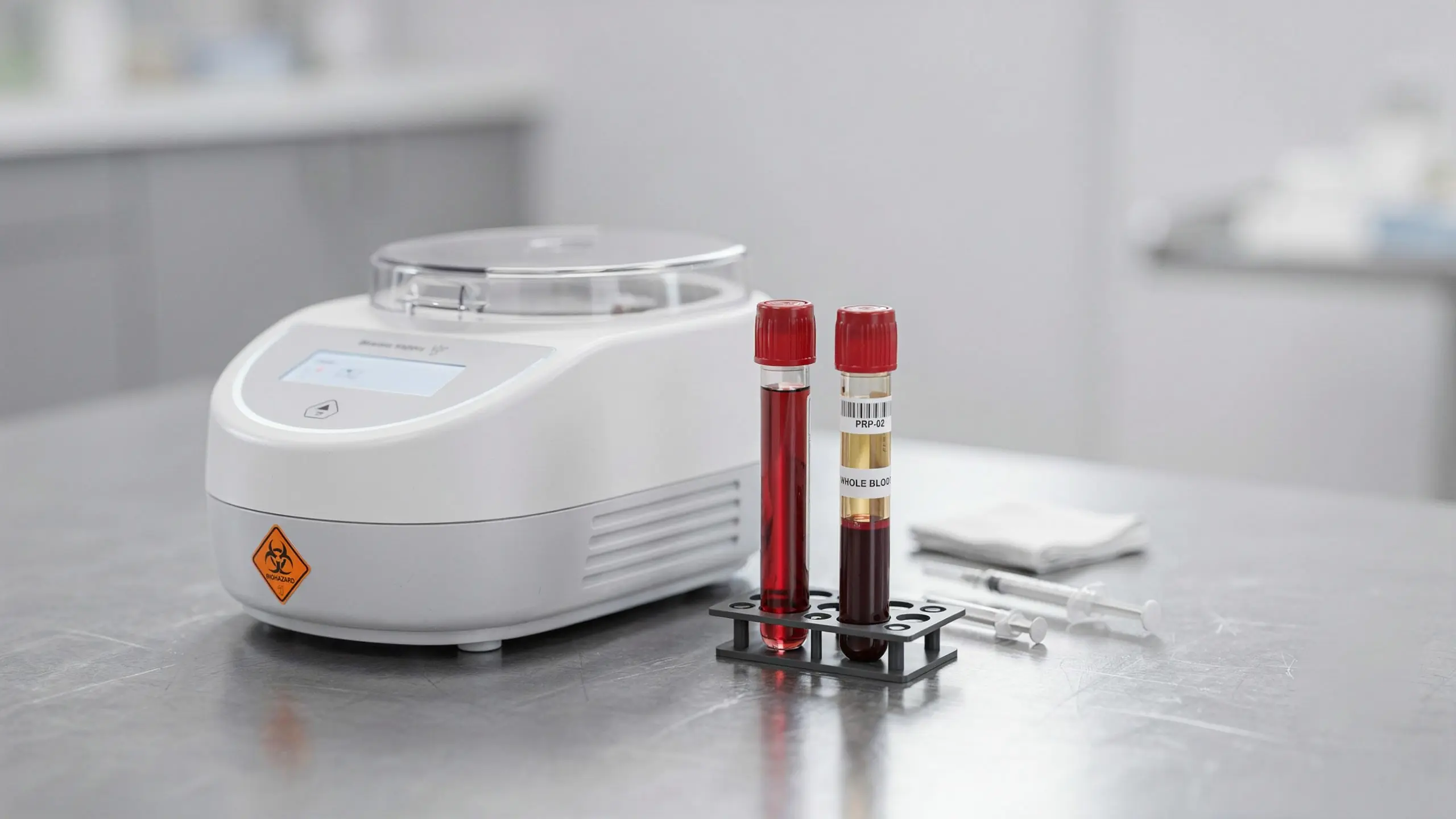 Medical grade centrifuge processing platelet rich plasma blood sample for a P-Shot treatment at a private London clinic using dual spin protocol