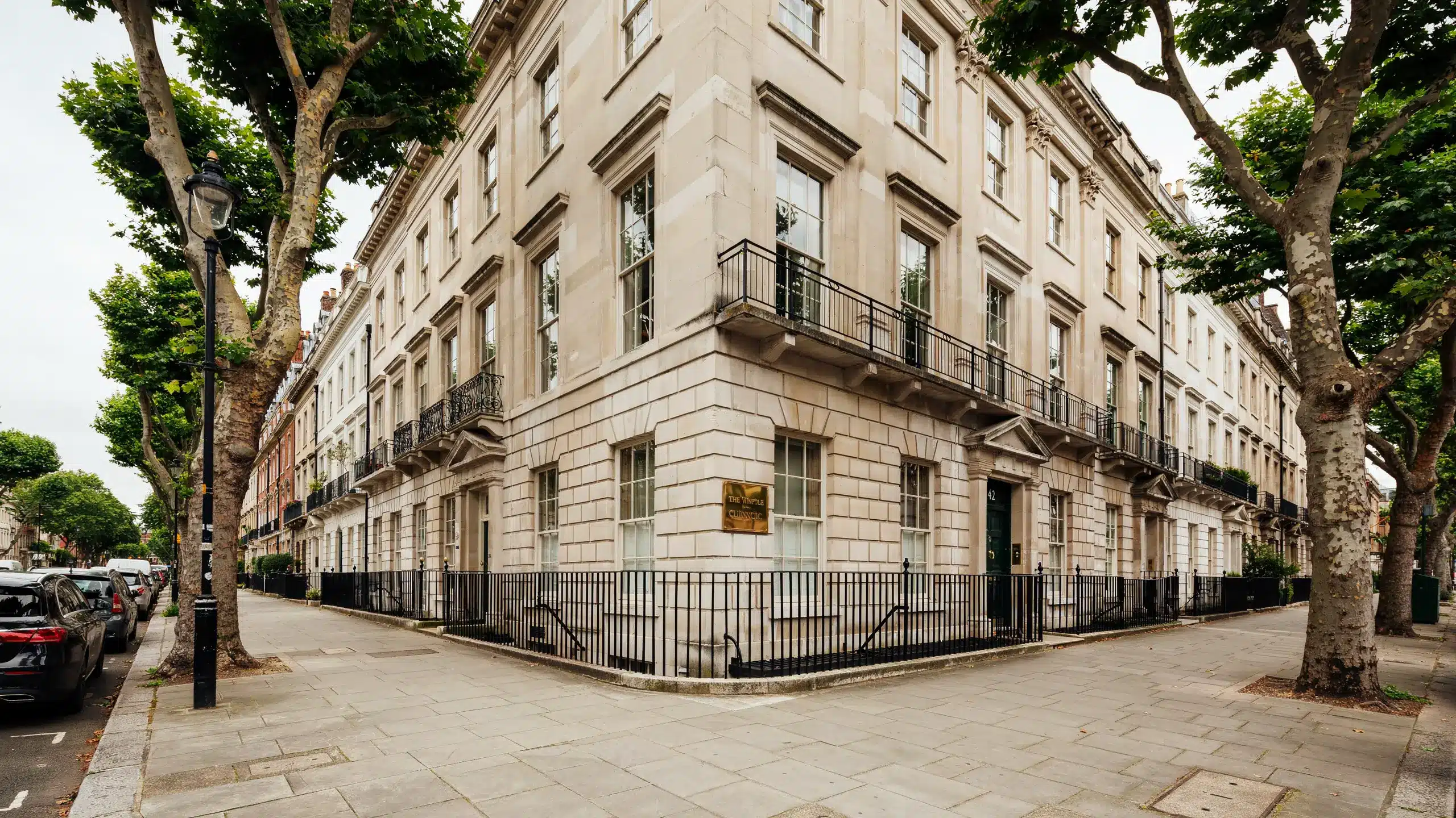 Elegant Georgian medical building on Wimpole Street Marylebone London where Dr SNA Clinic offers P-Shot treatment for erectile dysfunction and male intimate health