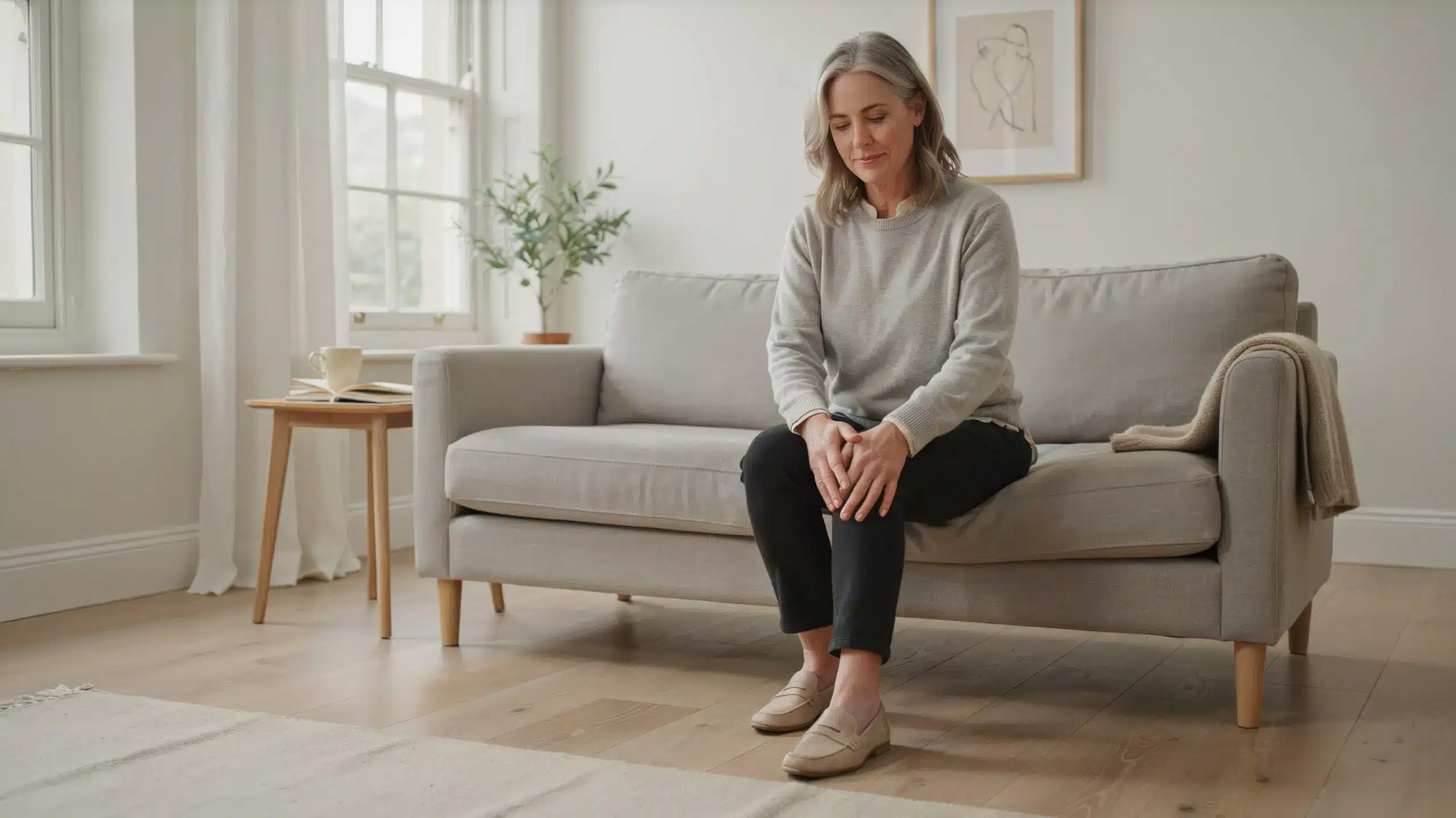 A woman in her 50s sitting on a sofa holding her knee, representing knee pain relief options for women including osteoarthritis treatment in London