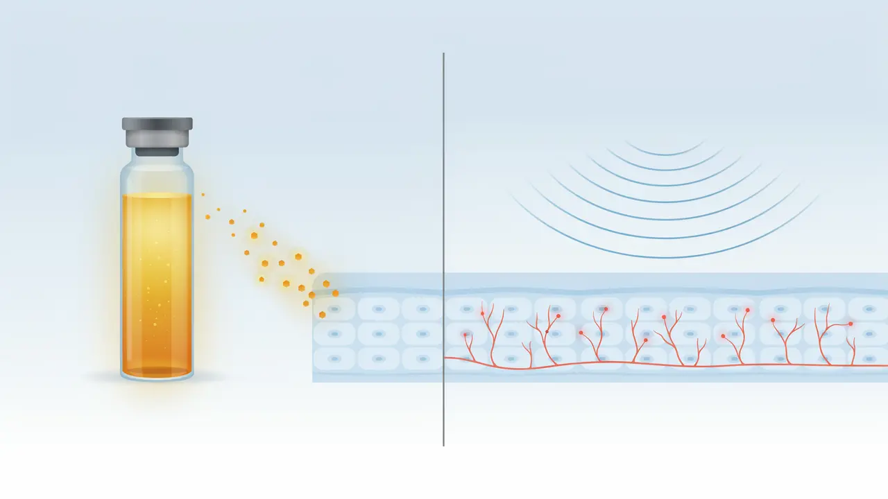 Medical illustration comparing how P Shot platelet rich plasma injection and low intensity shockwave therapy both stimulate new blood vessel formation in penile tissue to treat erectile dysfunction