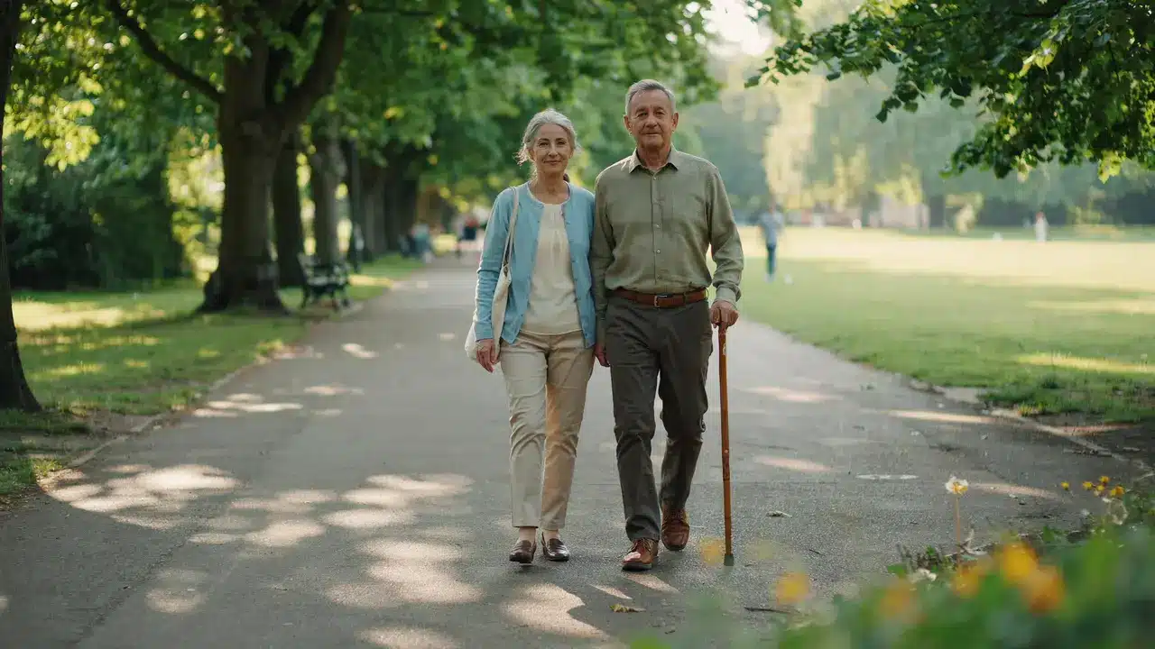 Elderly couple walking comfortably in a London park representing successful knee pain treatment in the elderly guided by Dr SNA Clinic Wimpole Street