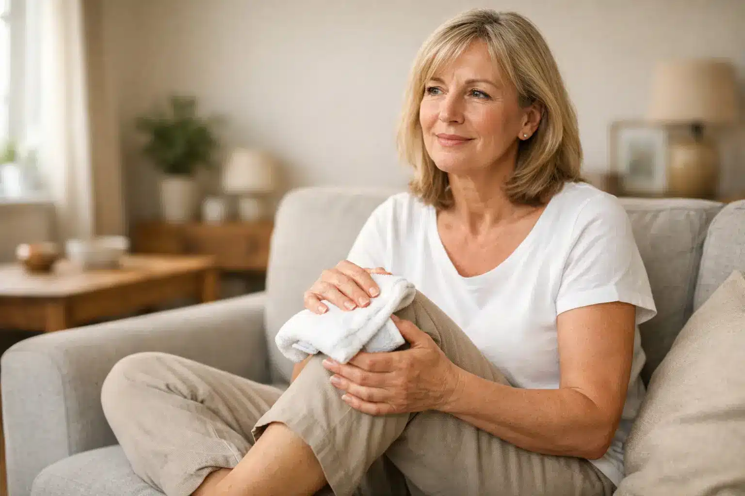 British woman in her 50s applying ice pack to knee for knee pain relief UK home treatment guide by Dr SNA Clinic London Wimpole Street