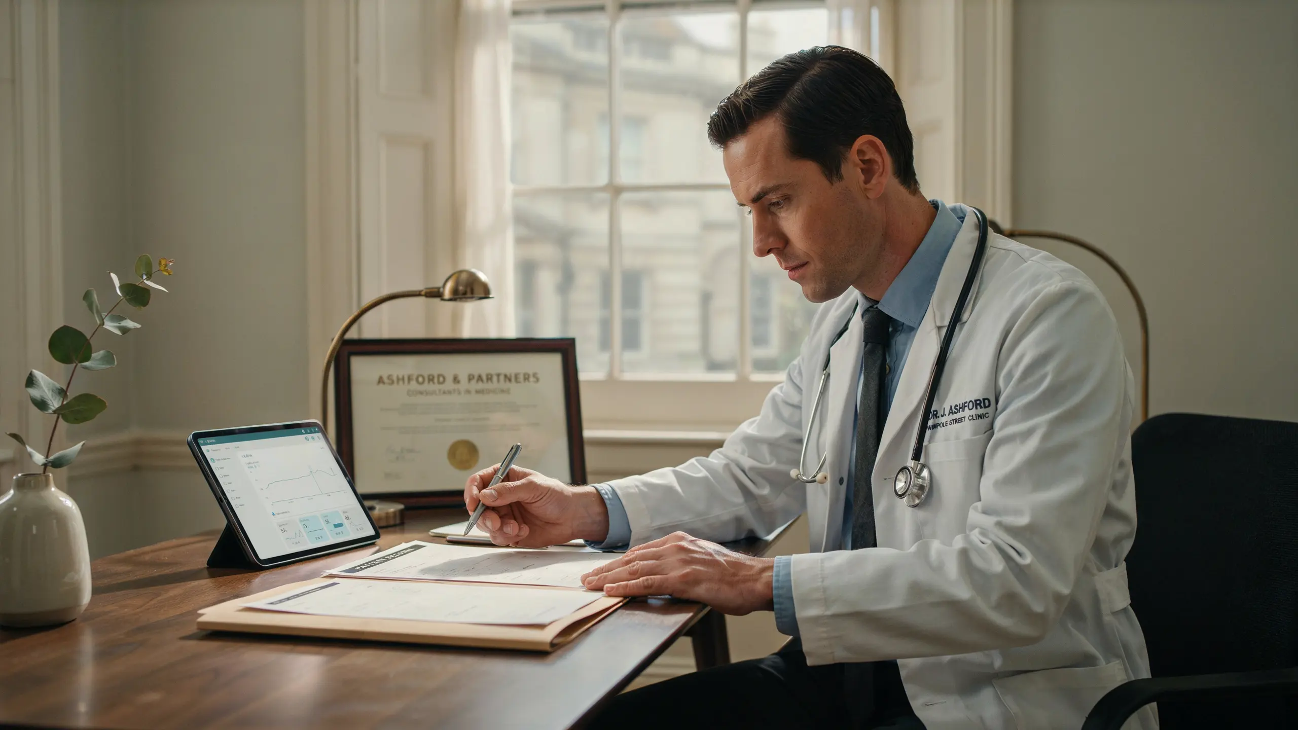 A professional male doctor reviewing treatment pricing and options at a private London clinic specialising in male enlargement injections and P-Shot PRP therapy