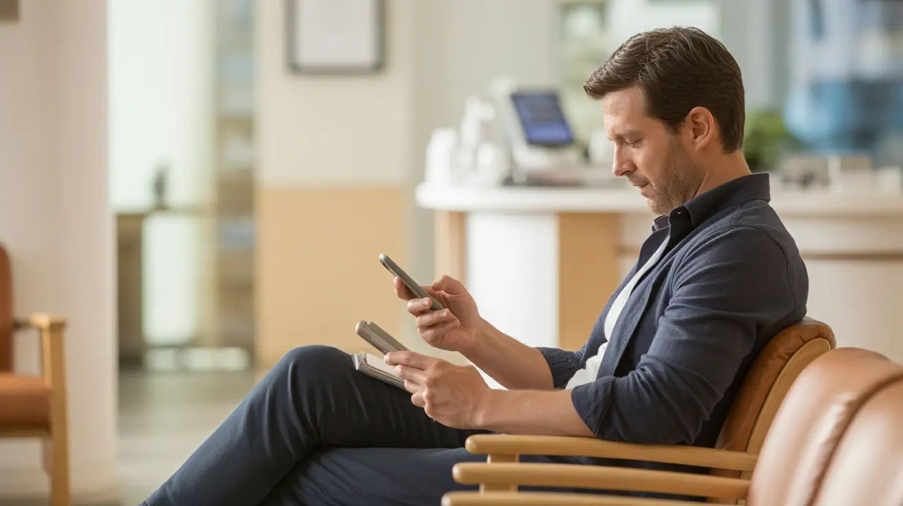 Well-dressed man calmly researching Priapus shot price UK options at a private London clinic before booking a P-Shot consultation with a certified specialist