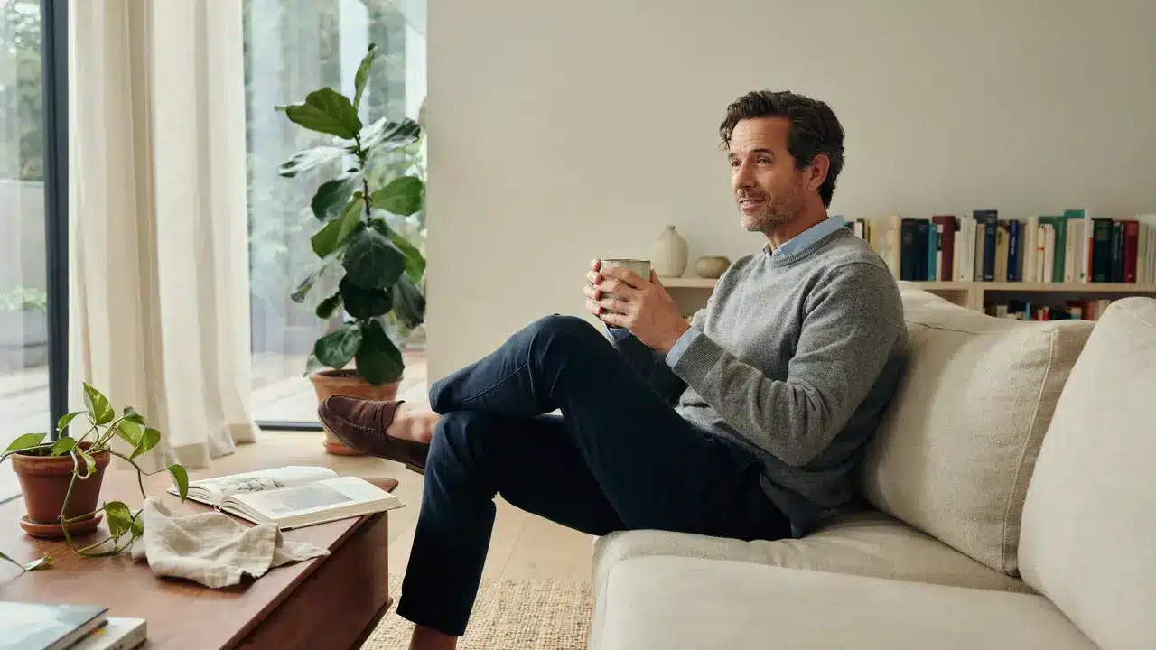 A man in his late 40s looking relaxed and confident after completing P Shot and shockwave therapy treatment for erectile dysfunction at a private London clinic