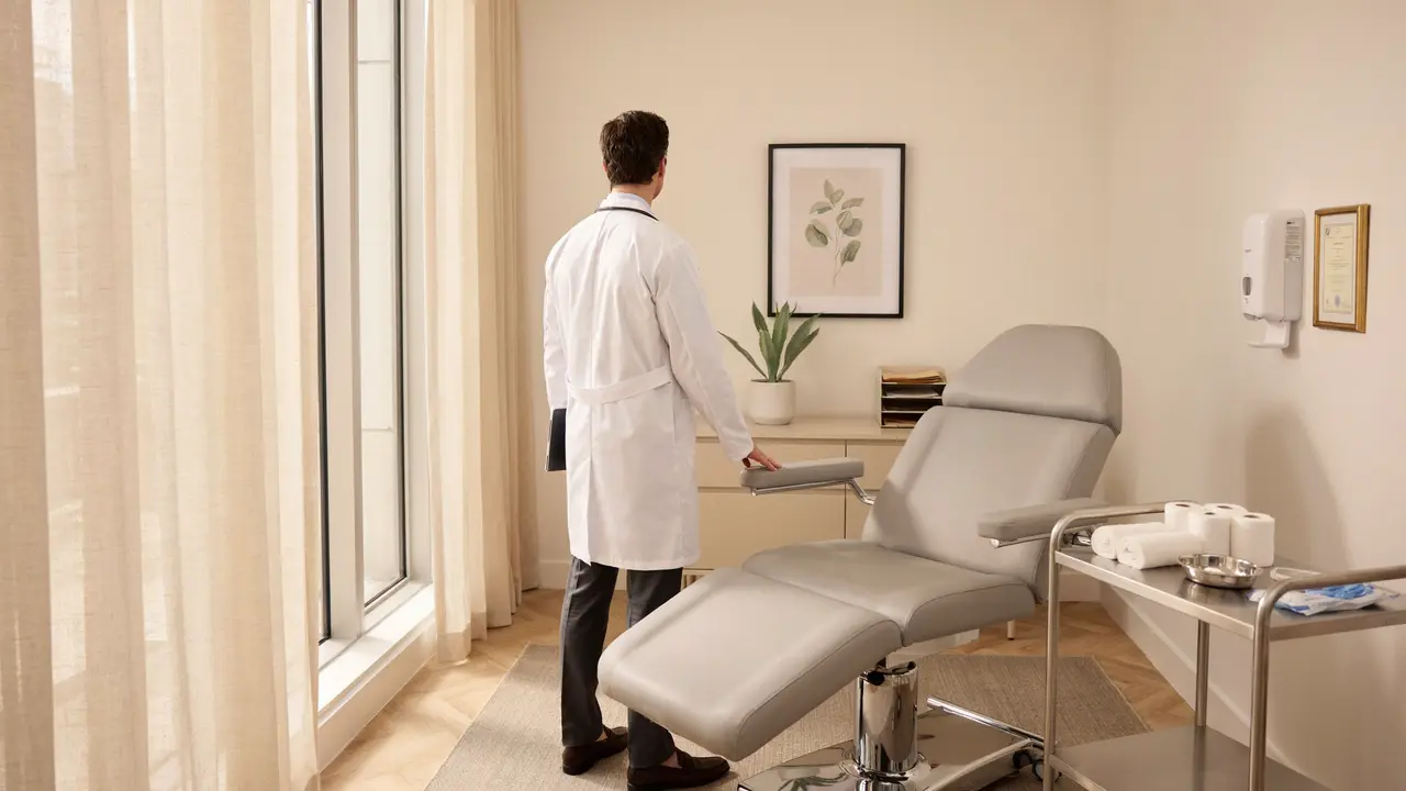 A professional medical clinic room in London with a male doctor in a white coat standing beside a modern treatment chair, conveying a calm and trustworthy healthcare atmosphere