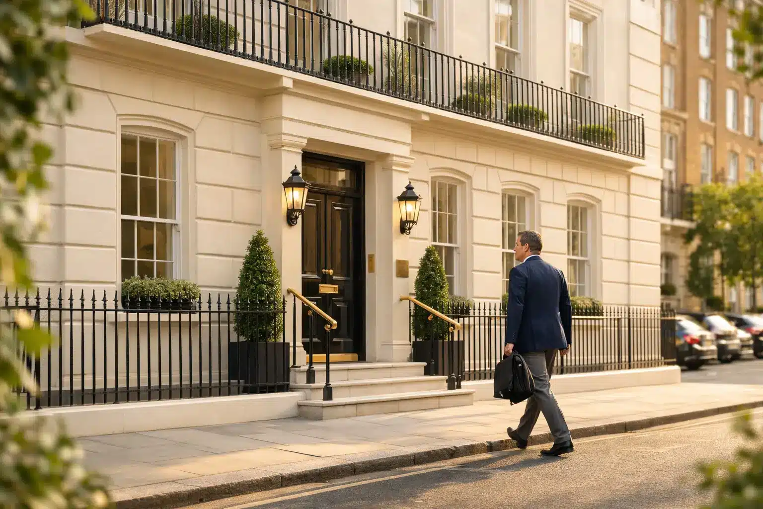 Professional man arriving at private Harley Street clinic for P Shot London treatment at Dr SNA Clinic Wimpole Street Marylebone