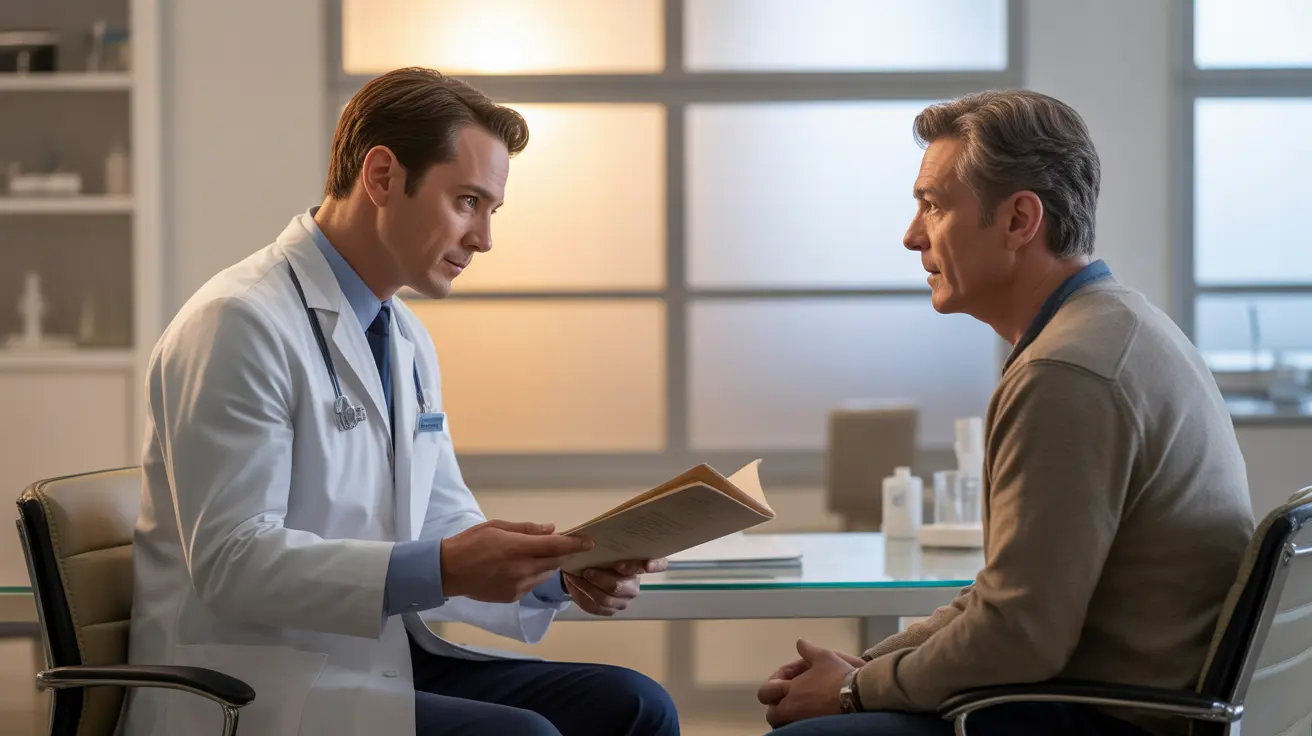 A doctor and male patient in a private London clinic discussing P Shot PRP treatment for organic erectile dysfunction during a confidential medical consultation