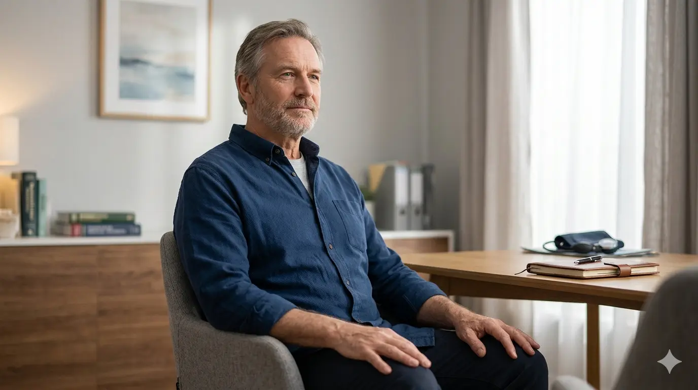 A mature man sitting thoughtfully in a private London medical clinic considering P Shot PRP treatment for erectile dysfunction following prostate surgery