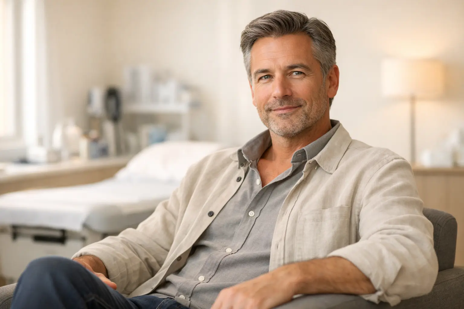 Confident middle aged man in private medical consultation considering P Shot treatment for low libido and male sexual wellness at Dr SNA Clinic London Wimpole Street