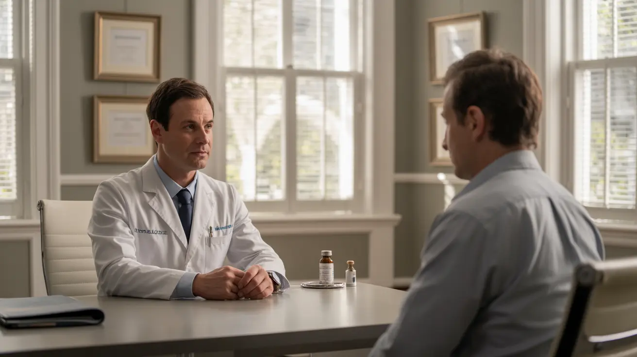 A GMC registered private male health specialist in London explaining the difference between P Shot platelet rich plasma treatment and penile fillers to a male patient during a confidential consultation at a Harley Street clinic