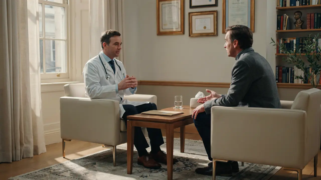 A private male health specialist in London consulting a patient about P Shot treatment versus shockwave therapy for erectile dysfunction at a Harley Street clinic
