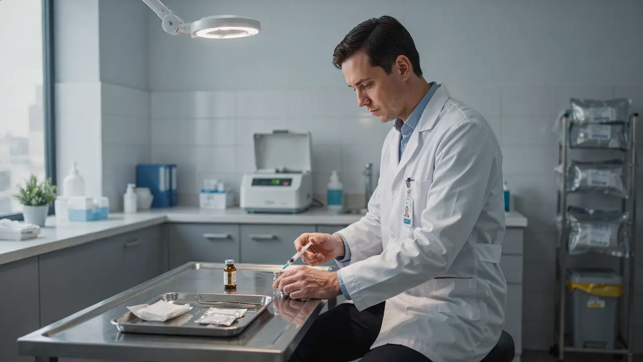 A doctor preparing a PRP syringe in a private London clinic representing evidence based penile injection growth treatment for erectile dysfunction