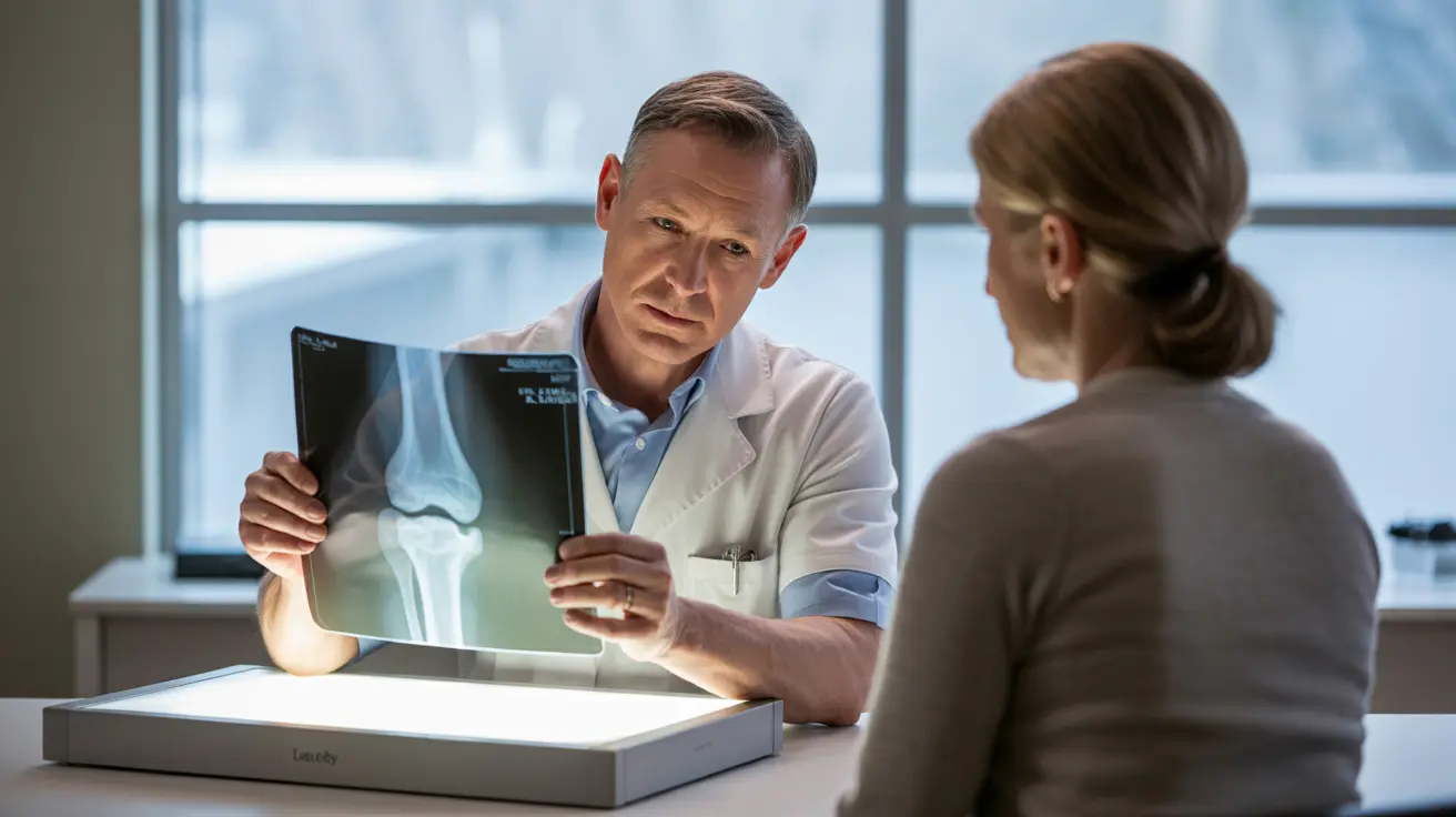 Private orthopaedic consultant reviewing knee X-ray with patient to assess suitability for pain in the knee treatments including Arthrosamid injection