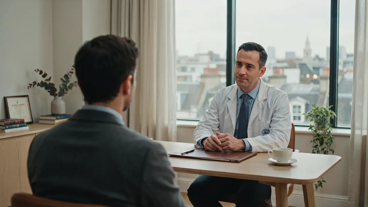 Private PShot specialist in London consulting male patient in upscale clinic room at Dr SNA Clinic Wimpole Street Marylebone trusted P shot treatment expert