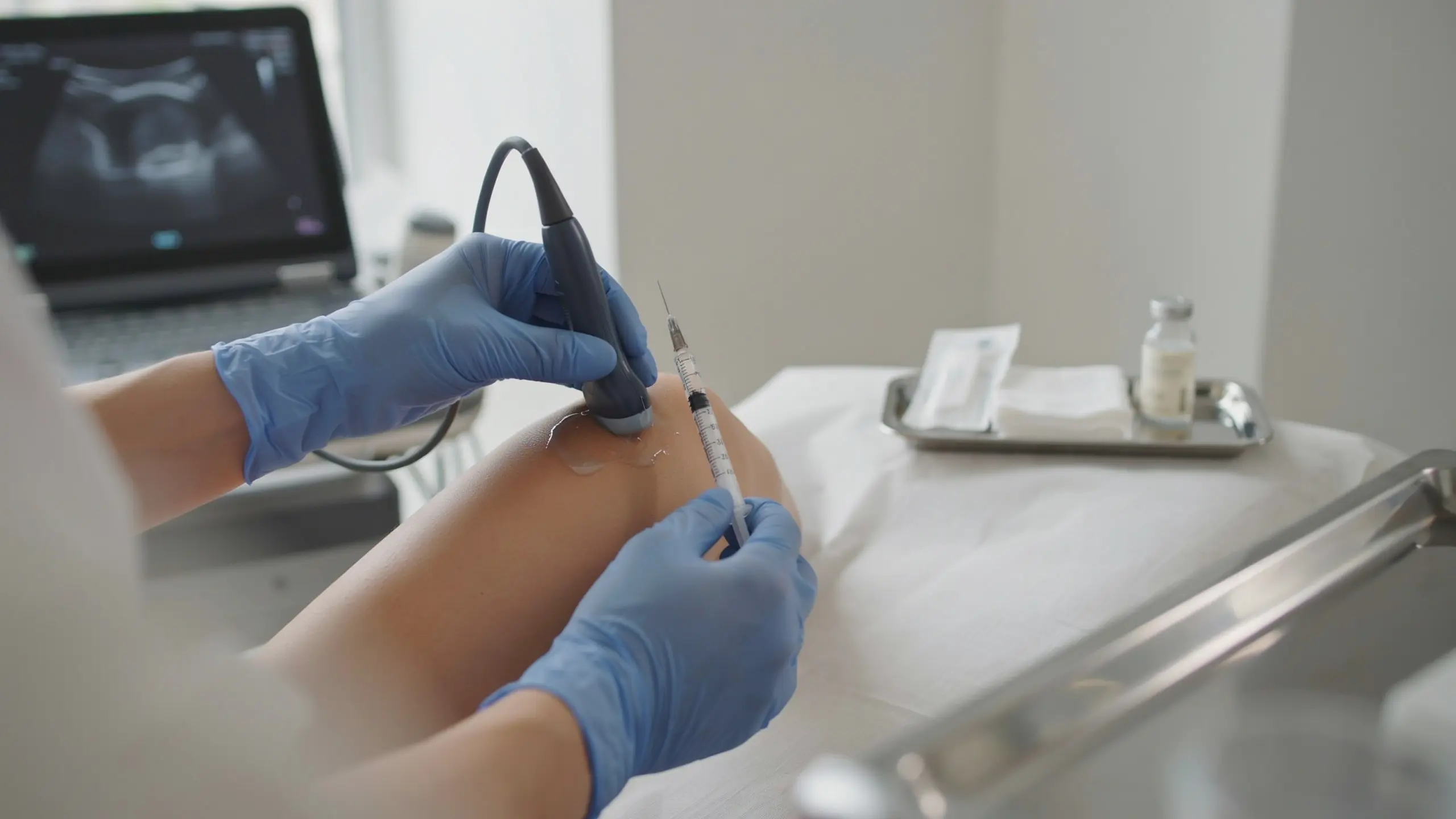 Dr is diagnosing the knee for Arthrosamid Injection