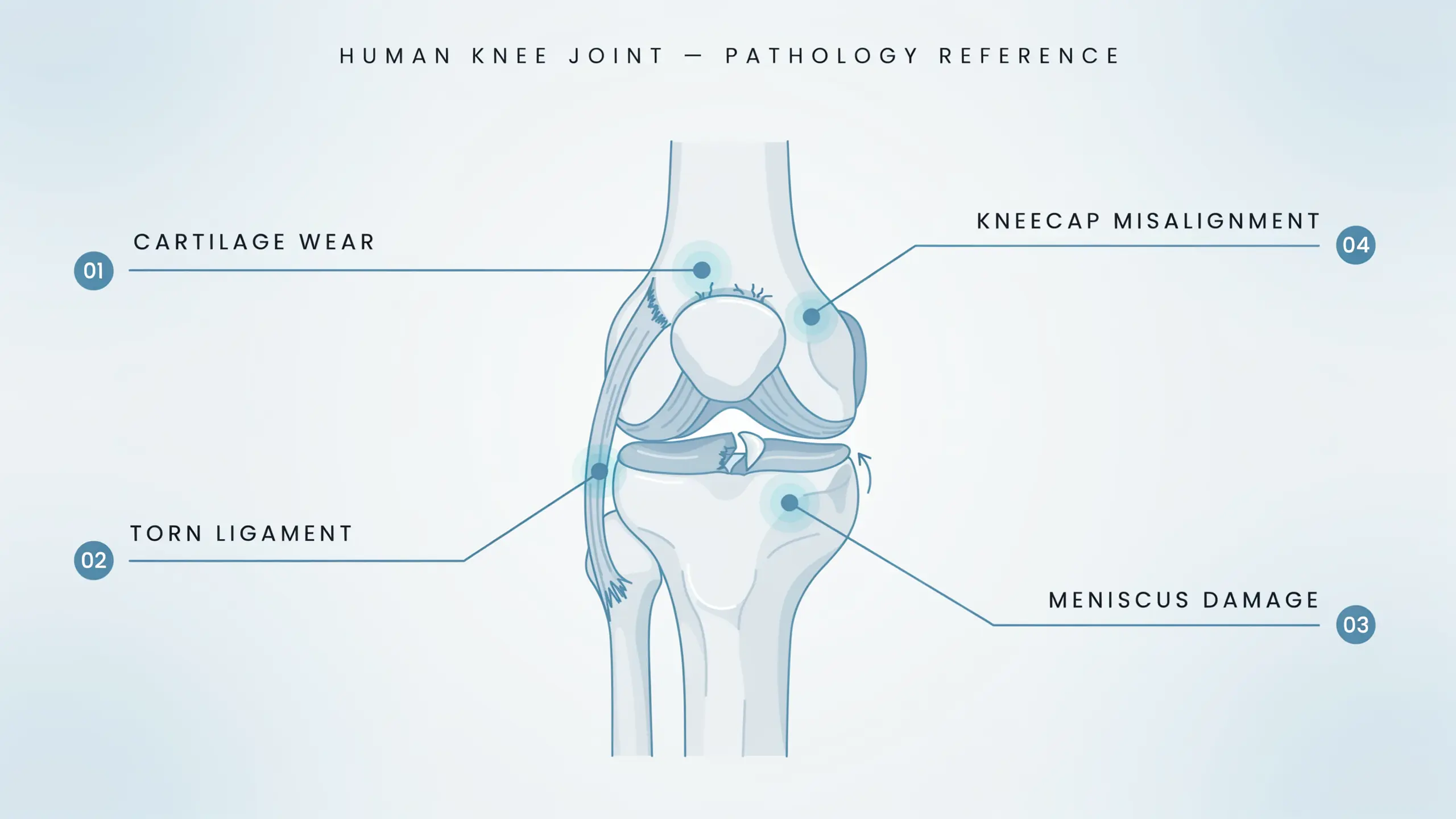 Medical illustration showing the four causes of knee pain including osteoarthritis cartilage wear, ACL ligament tear, meniscus damage, and patellofemoral pain syndrome in one clean diagram