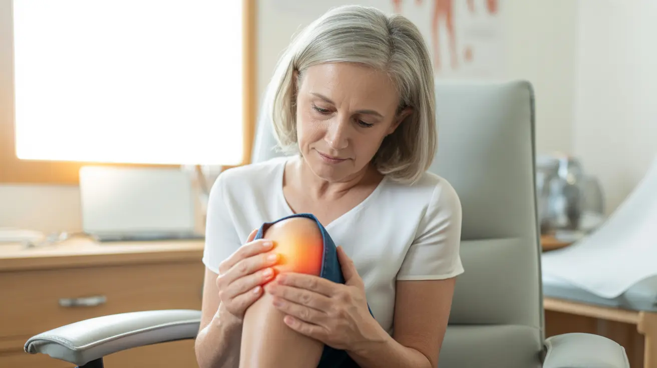 A woman sitting in a private medical clinic holding her painful swollen knee illustrating diseases that commonly begin with knee pain such as osteoarthritis rheumatoid arthritis and gout