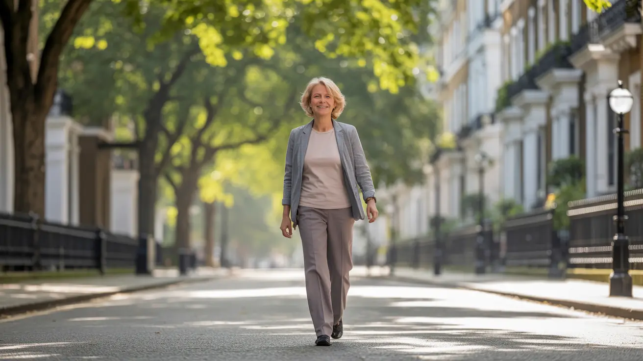 A woman in her late 50s walking comfortably outdoors in London after receiving successful knee pain treatment including Arthrosamid injection at Dr SNA Clinic on Wimpole Street