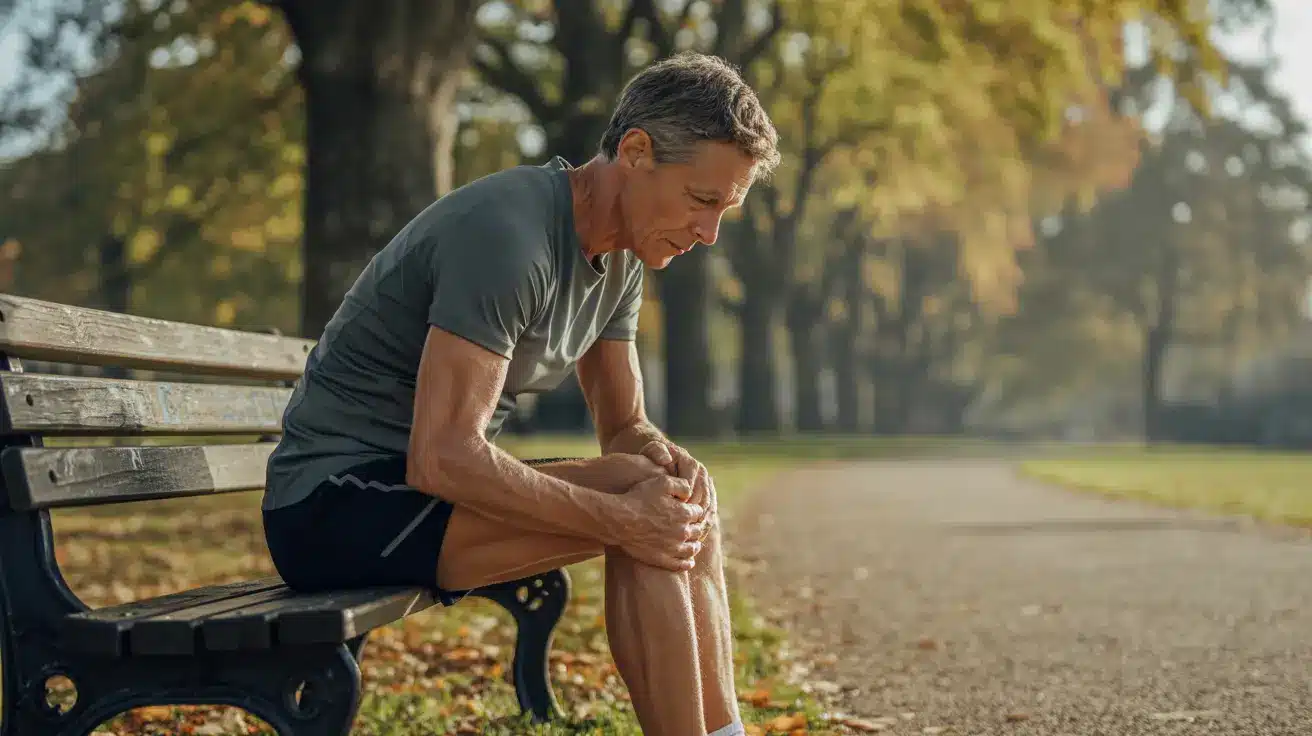 Active adult resting after a run with knee pain, considering treatment options including Arthrosamid injection for knee osteoarthritis