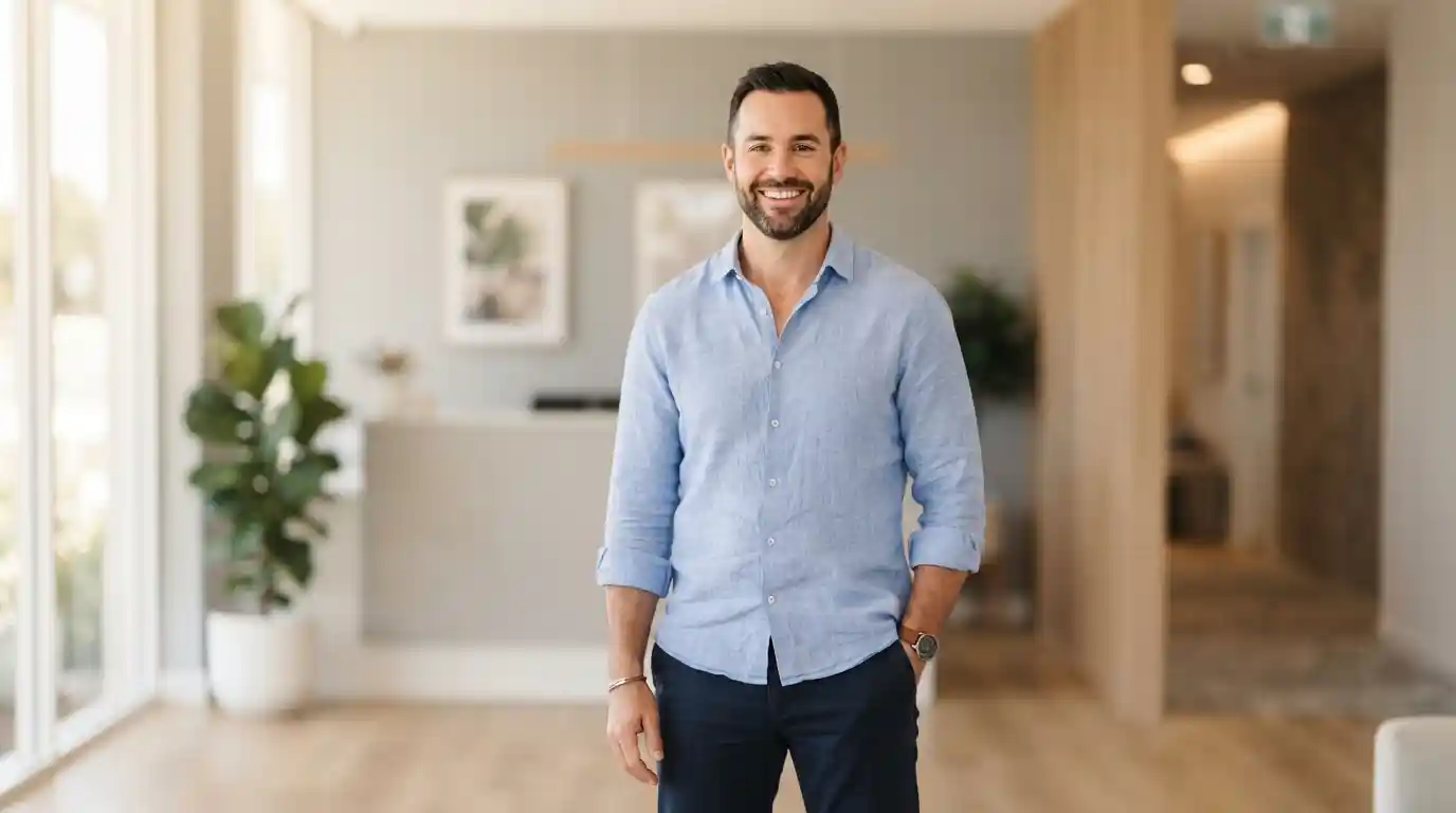 Confident smiling man representing positive P Shot results and wellbeing