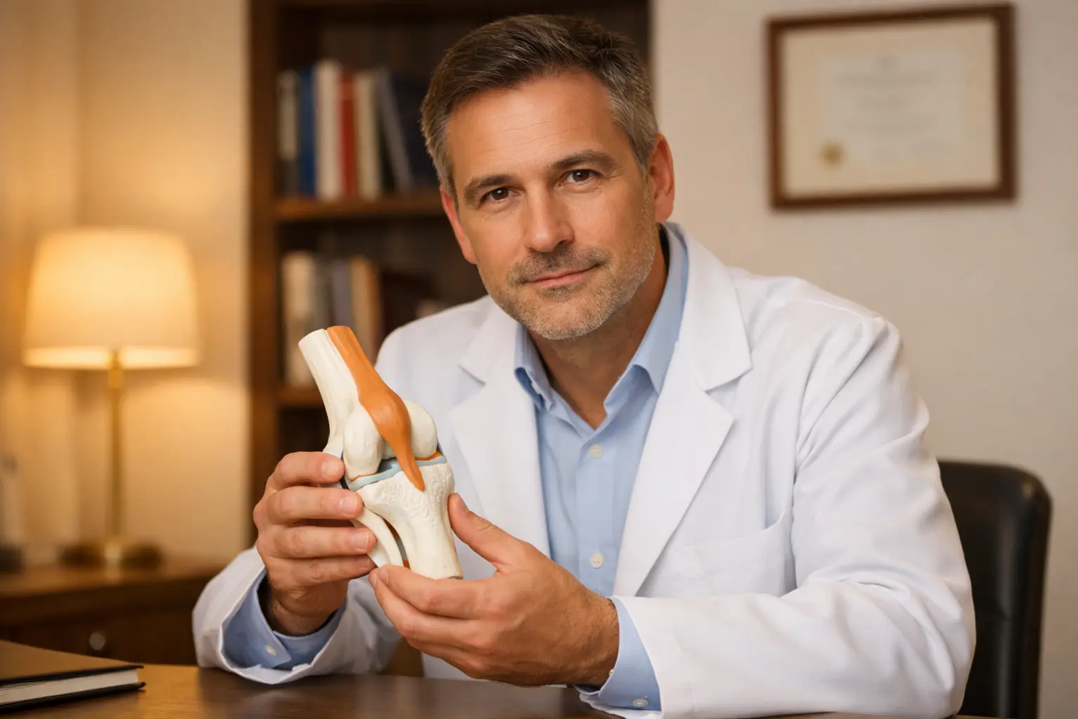 Expert doctor holding anatomical knee joint model during joint pain treatment consultation at Dr SNA Clinic London Wimpole Street Marylebone