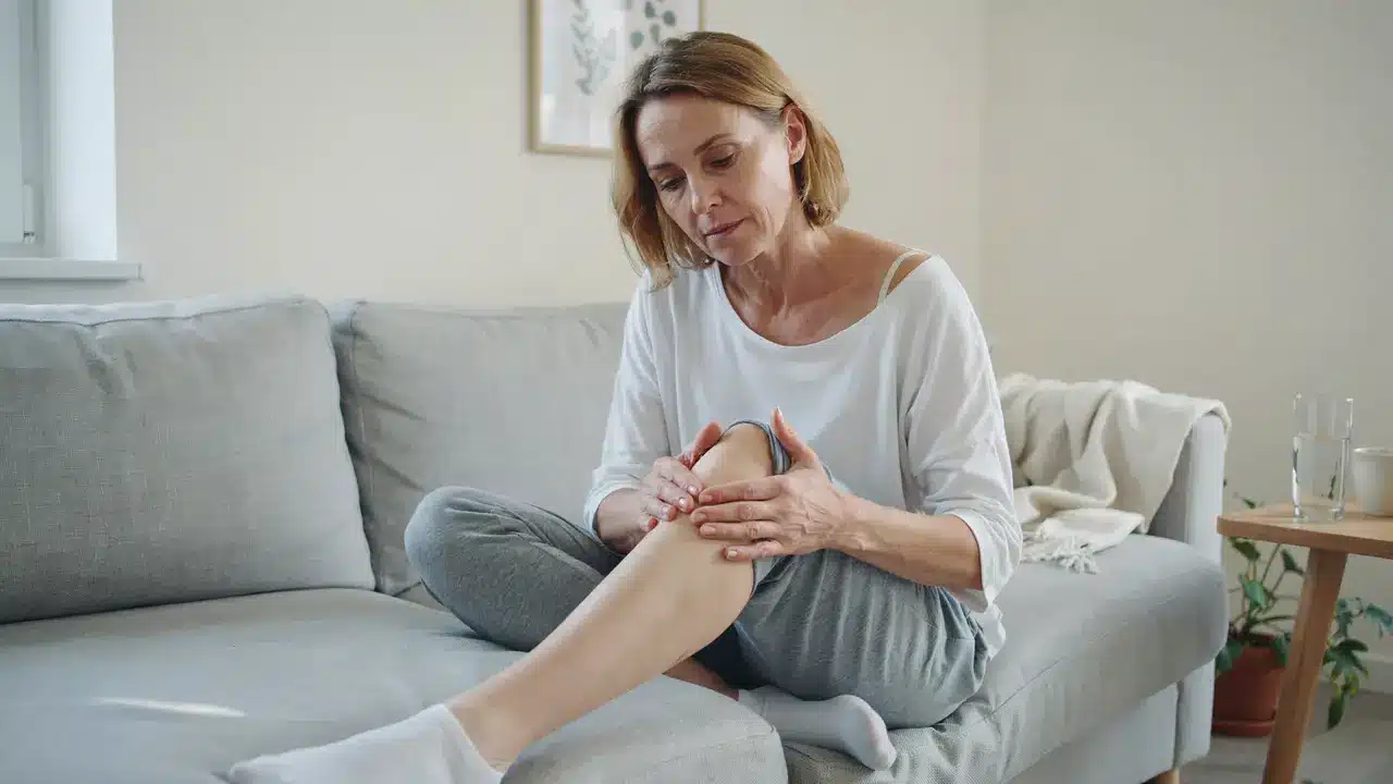 Woman examining swollen knee at home showing symptoms of knee swelling and pain without injury treated at Dr SNA Clinic London Wimpole Street
