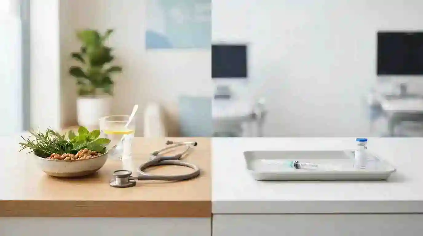Split image comparing natural remedies — herbs, nuts, lemon water, and a stethoscope on a wooden counter — with a clinical treatment tray holding a syringe and vial on a white countertop in a medical office.