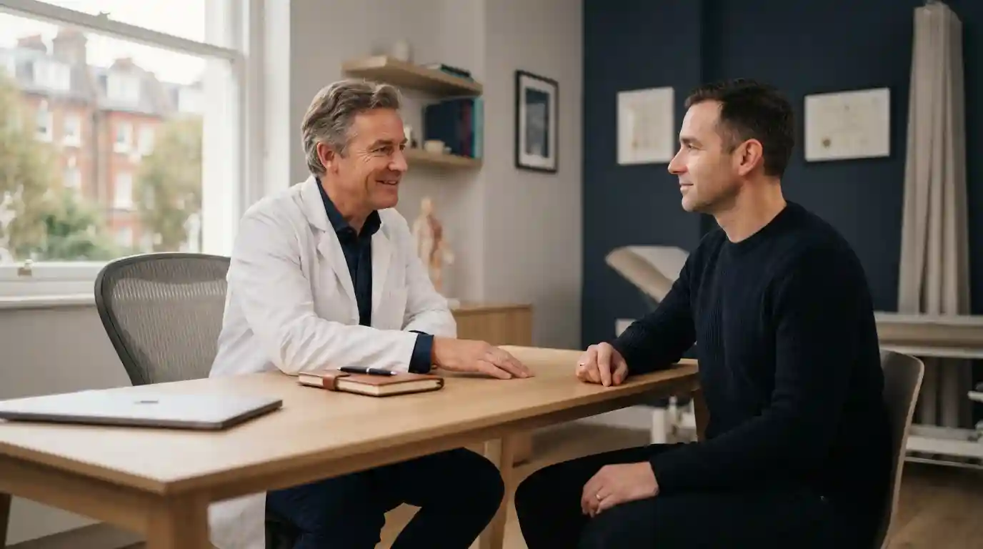 Doctor discussing P Shot treatment with a male patient during a consultation at a London clinic
