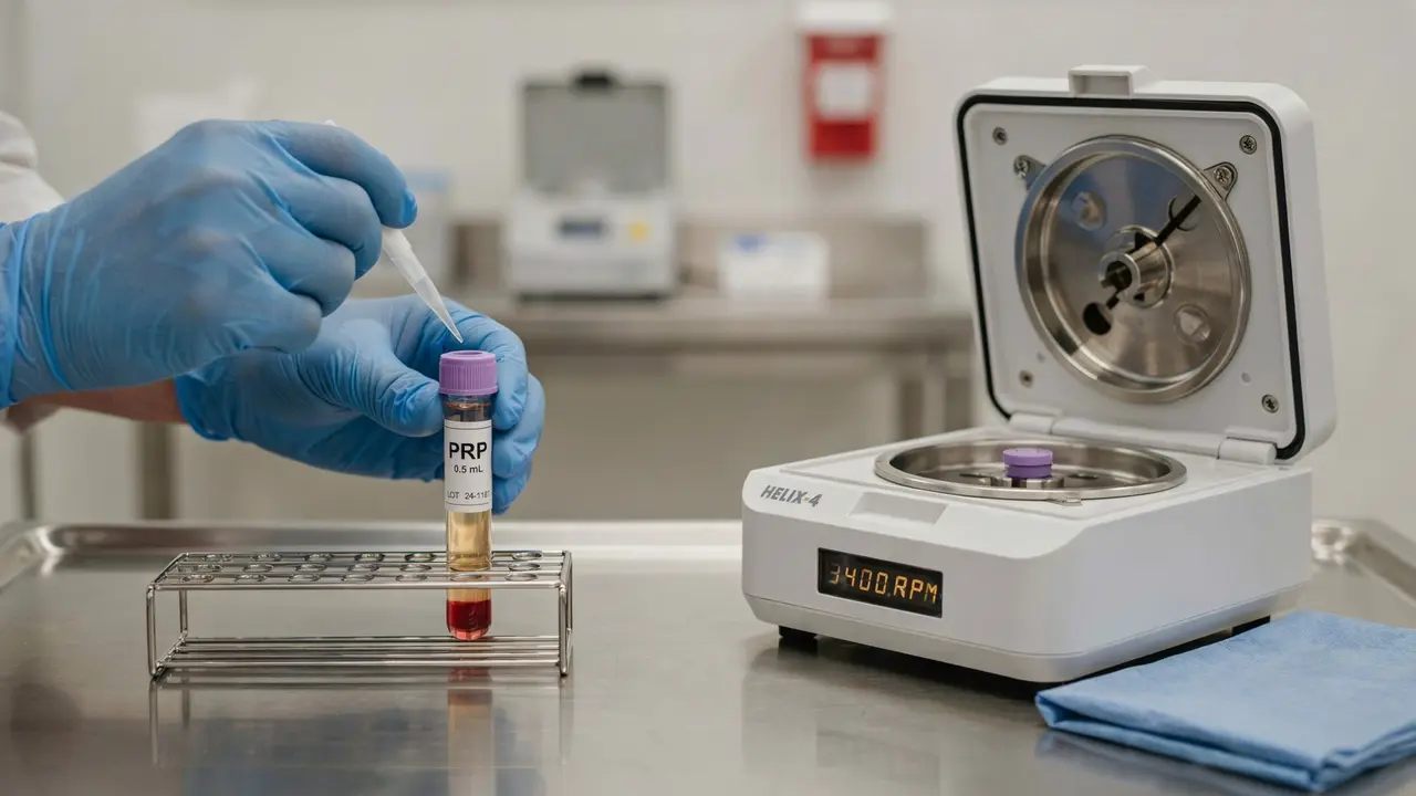 Doctor preparing platelet rich plasma PRP vial next to centrifuge machine for P Shot procedure at Dr SNA Clinic London Wimpole Street