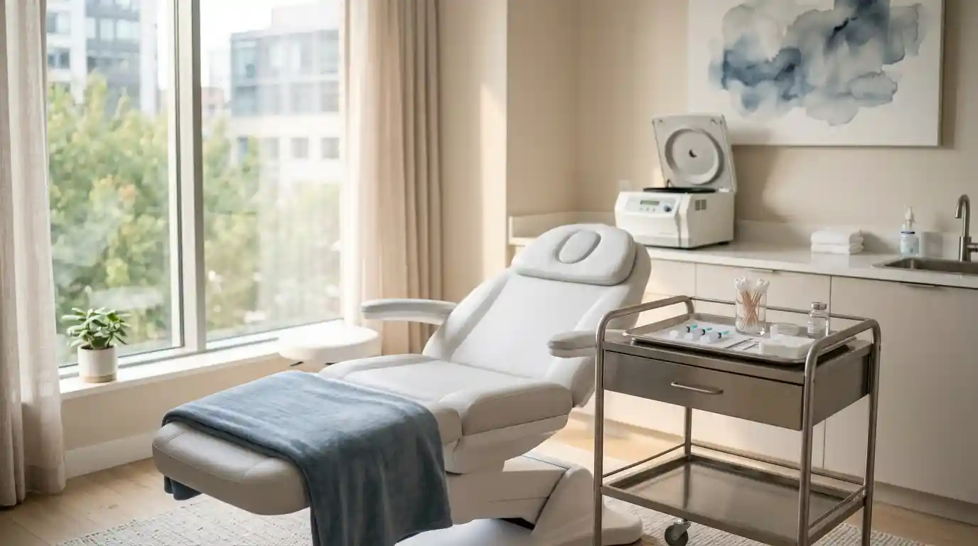 Clean medical treatment room with sterile syringe tray and centrifuge used for P-Shot PRP treatment in London