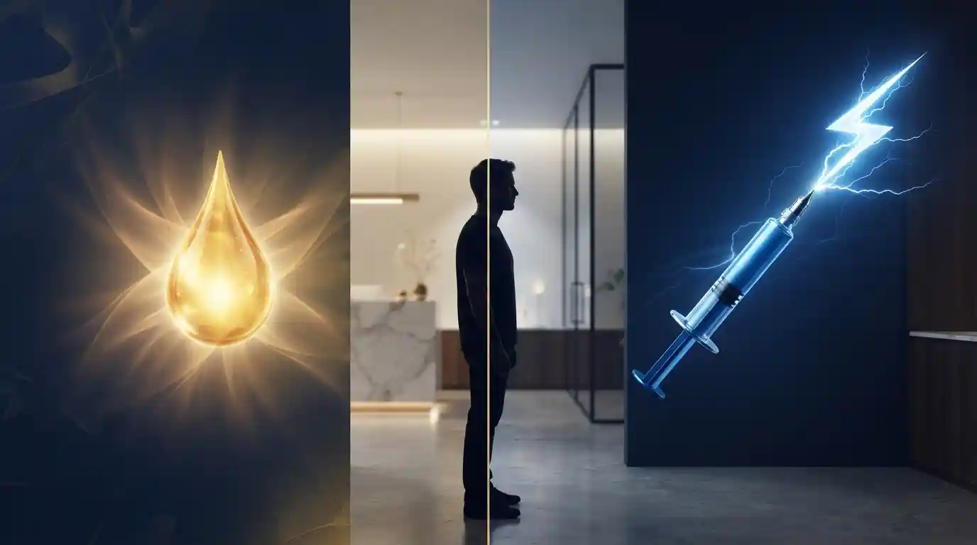 Conceptual image comparing P-Shot and Trimix treatments, showing a golden plasma droplet and a blue syringe in a split-screen clinical design