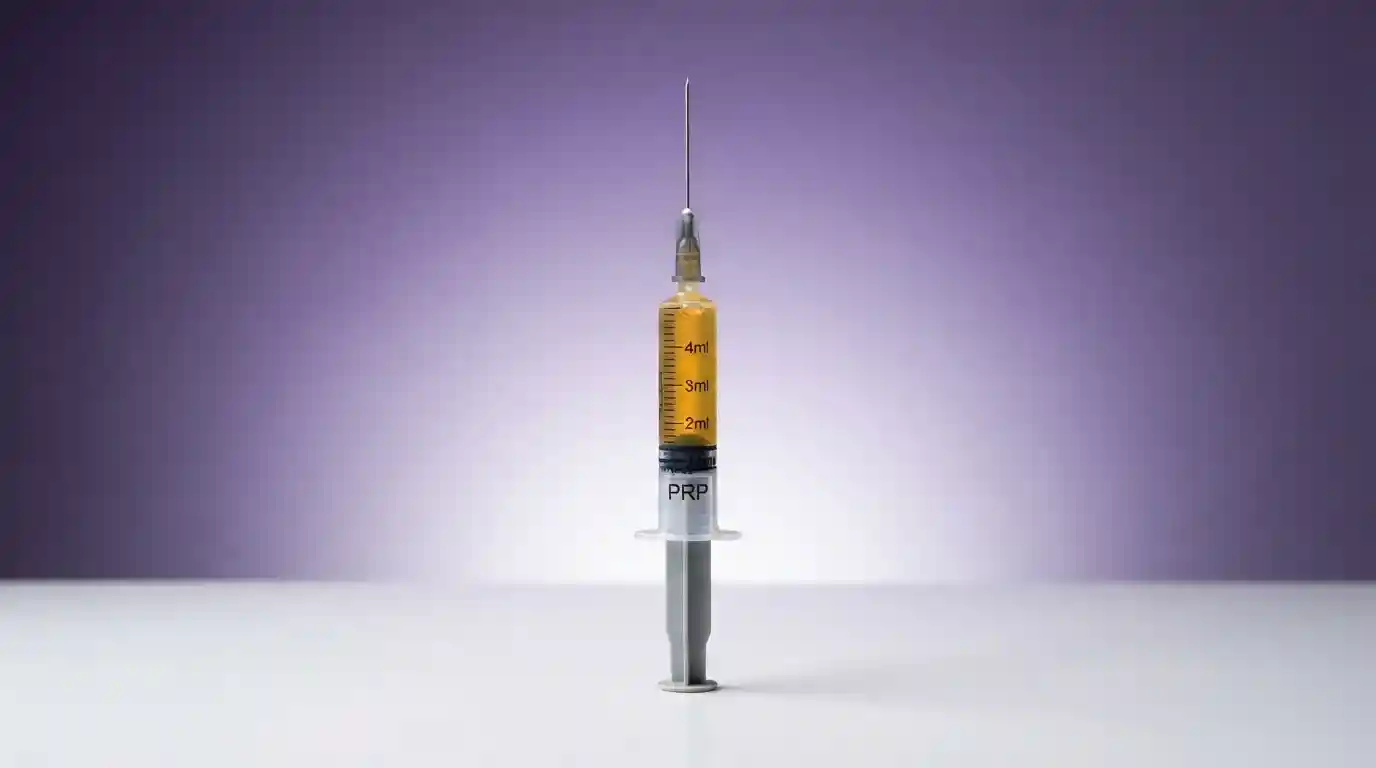 PRP syringe on white and purple background for P-Shot treatment