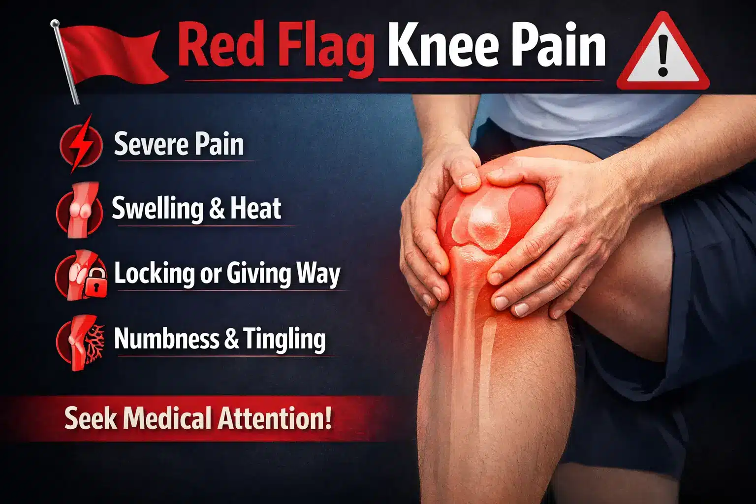 Red Flag for Knee Pain illustration highlighting urgent symptoms