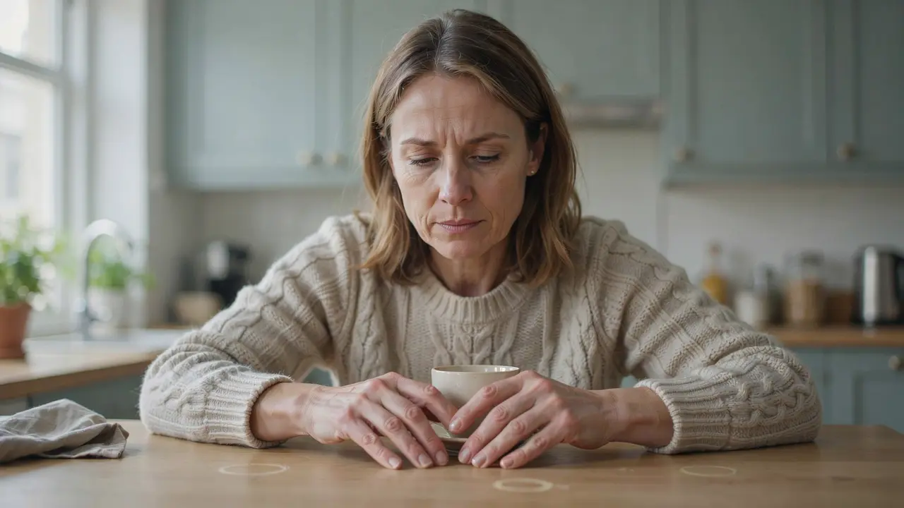 Woman with visibly swollen finger joints showing symptoms of rheumatoid arthritis at home with information guide by Dr SNA Clinic London Wimpole Street