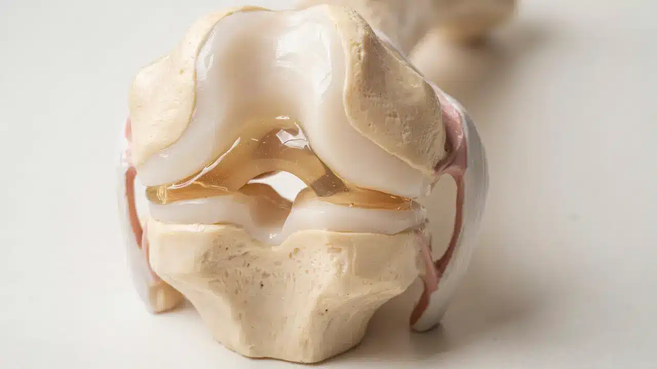 Cross section model of human knee joint showing synovial fluid in joint cavity between cartilage surfaces explained by Dr SNA Clinic London Wimpole Street