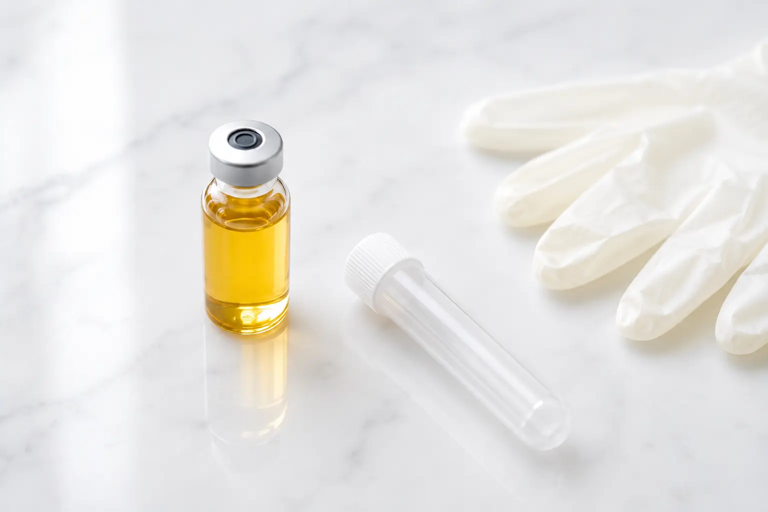 Golden platelet rich plasma PRP vial on white marble surface illustrating how the P Shot penile rejuvenation treatment works at Dr SNA Clinic London