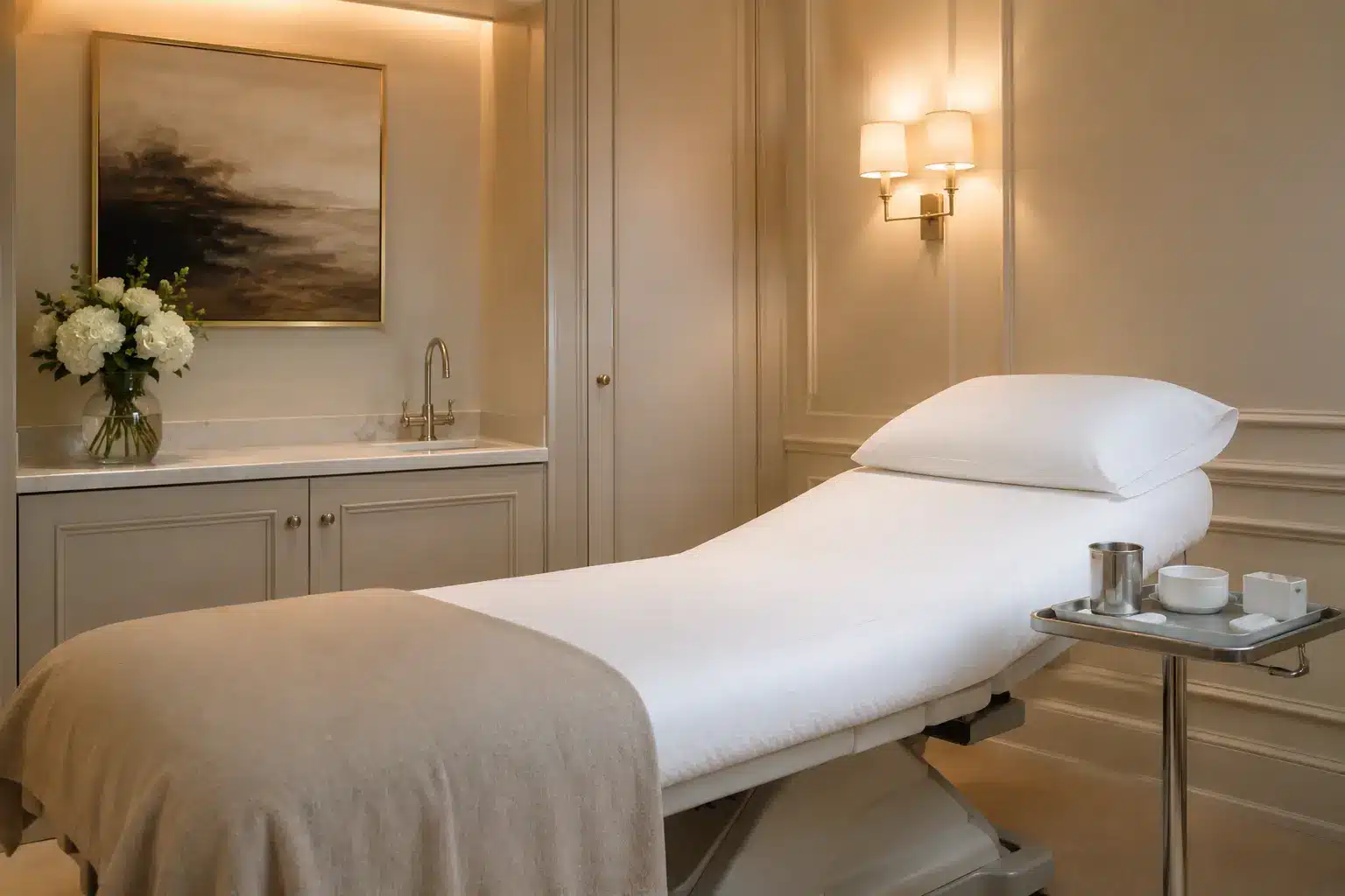 Clean elegant private treatment room at Dr SNA Clinic Wimpole Street Marylebone London where P Shot penile rejuvenation procedure is performed
