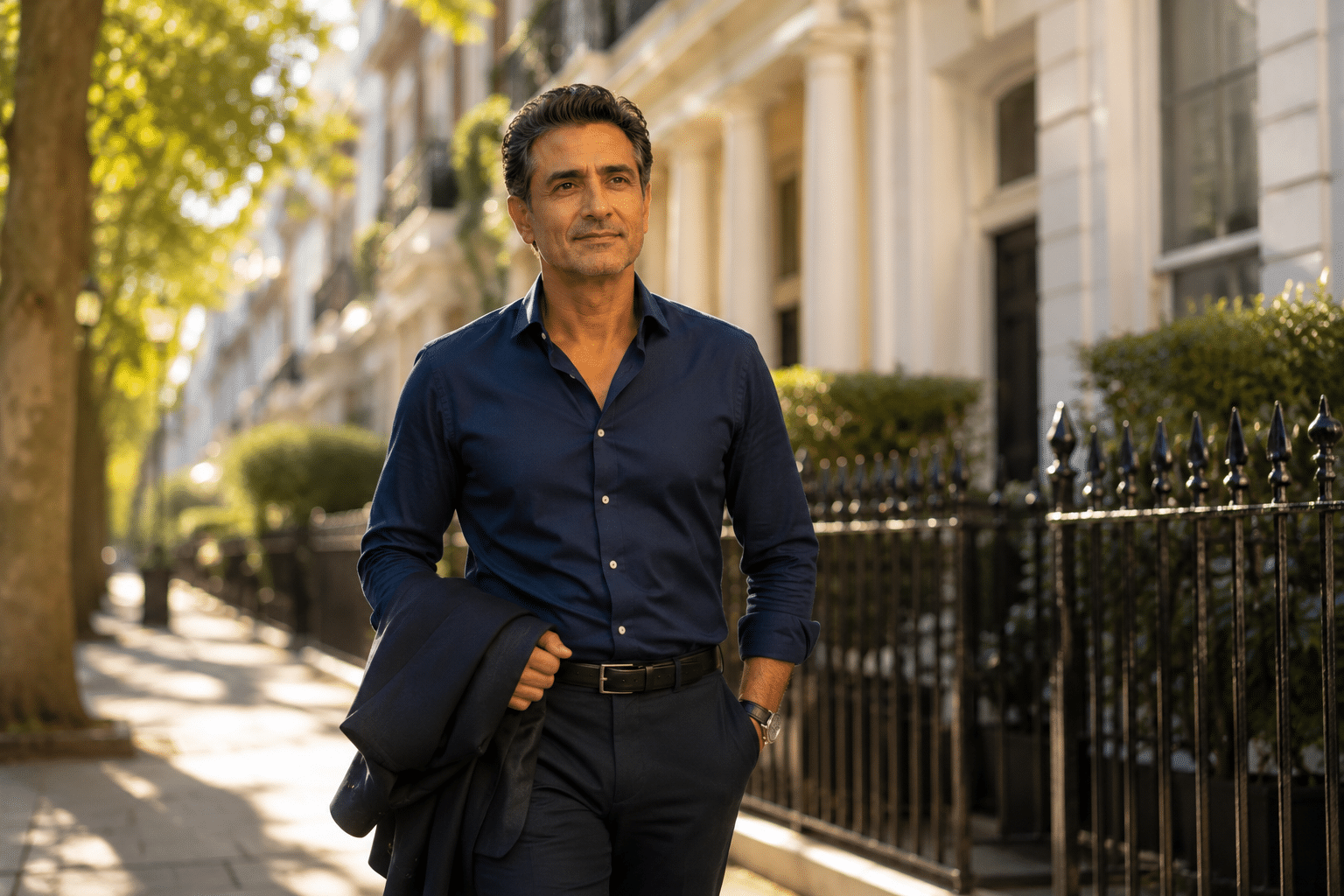 Confident man walking through London street representing positive results after P Shot penile rejuvenation treatment at Dr SNA Clinic Wimpole Street