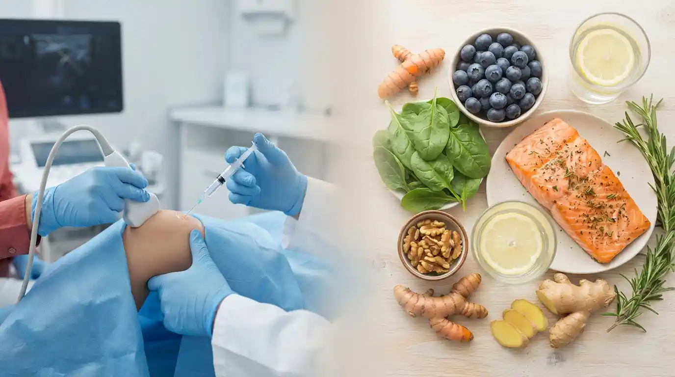 Split image showing a doctor performing an ultrasound-guided Arthrosamid knee injection on one side and anti-inflammatory recovery foods like salmon, berries, spinach, and turmeric on the other