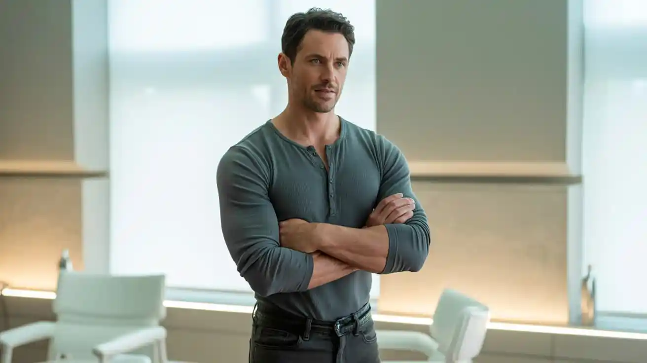 Man with arms crossed standing in a bright clinic waiting area