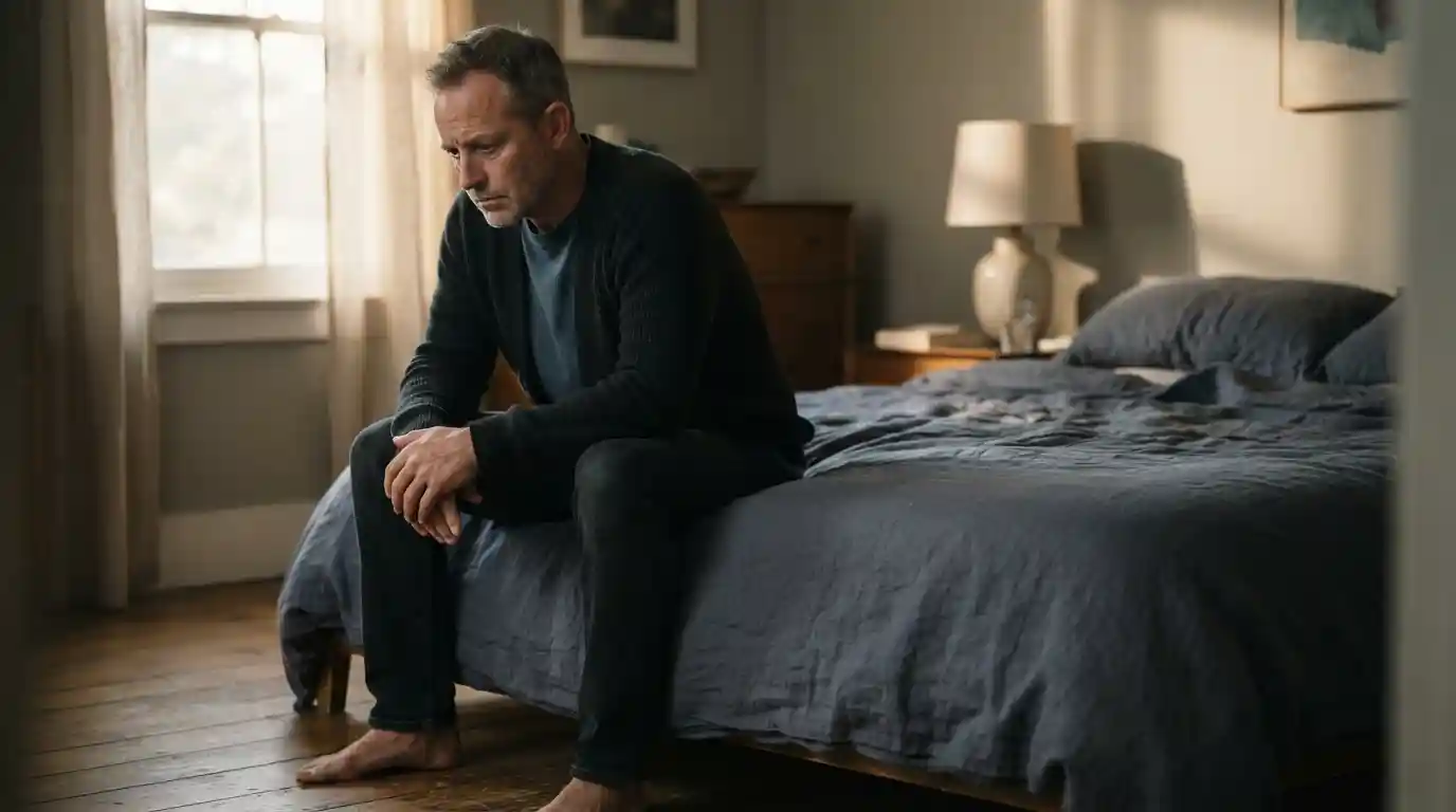 Man sitting alone looking disappointed after experiencing PRP treatment failure