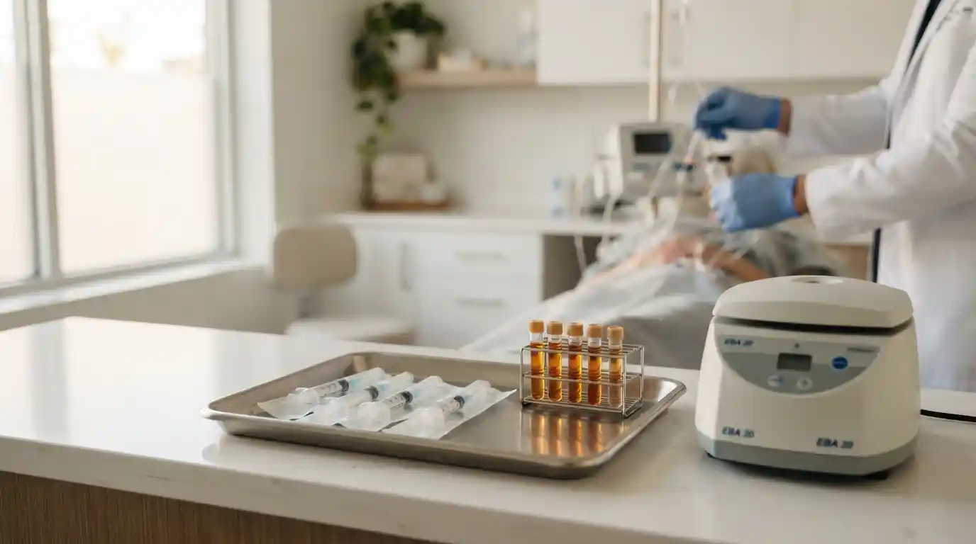 Doctor in white coat and blue gloves preparing sterile syringes and PRP plasma vials on a medical tray next to a centrifuge in a clinic treatment room.