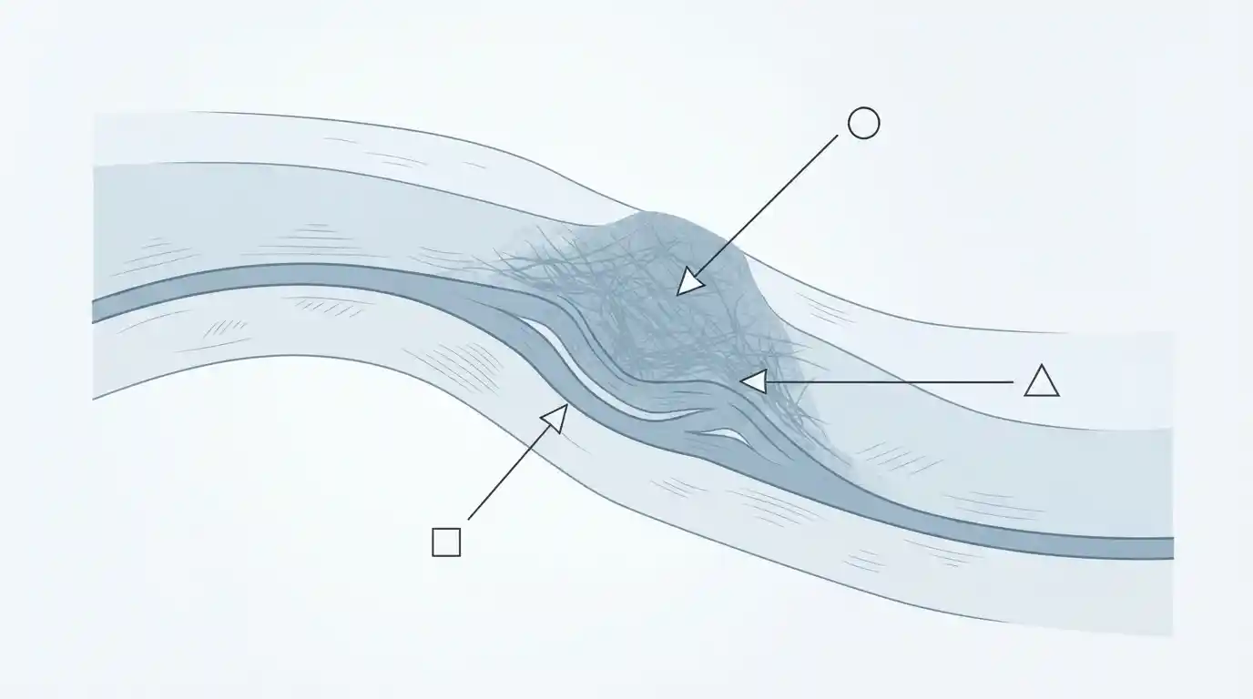 Abstract line illustration of localized fibrous tissue buildup causing a structural curve, with three unlabeled pointer markers