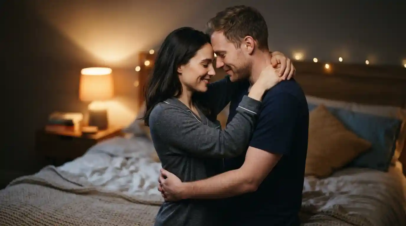 Couple embracing tenderly in a cozy, warmly lit bedroom at night