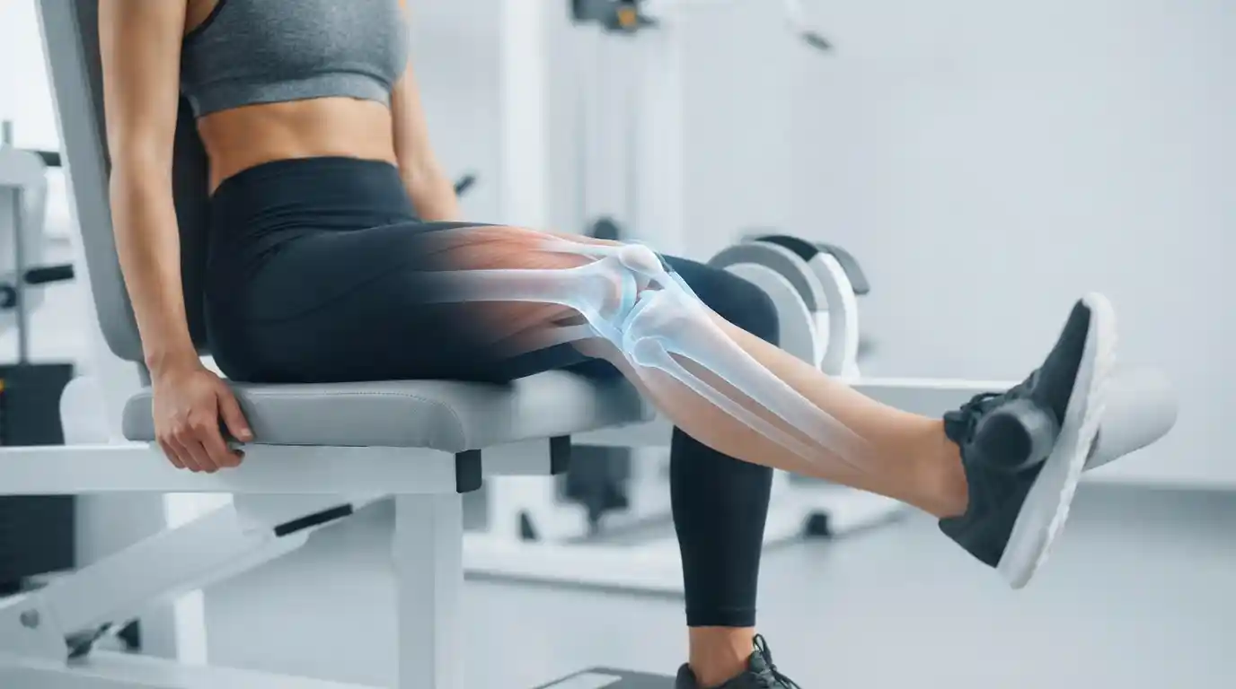 Woman using a leg extension machine at the gym, with a digital overlay showing the bones and muscles of the knee joint highlighted in blue and red.