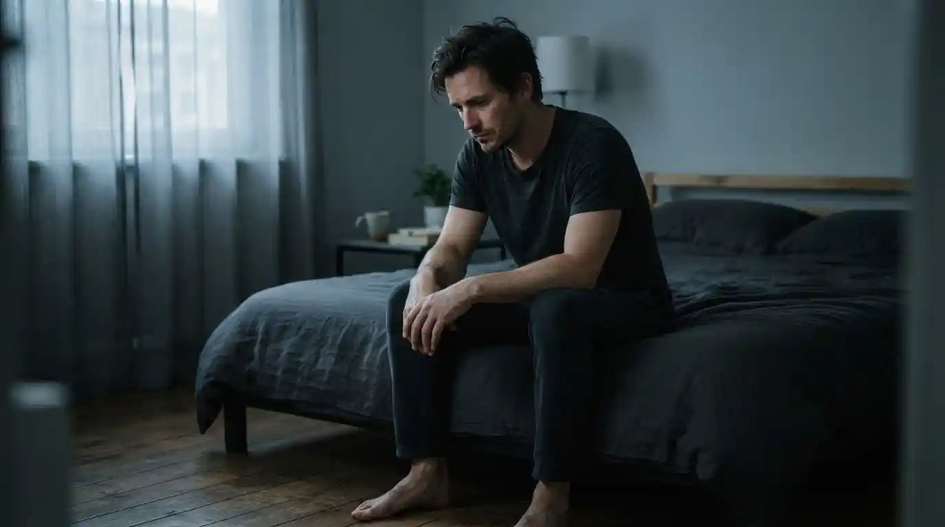 Man sitting alone looking troubled and withdrawn, representing emotional distress from erectile dysfunction