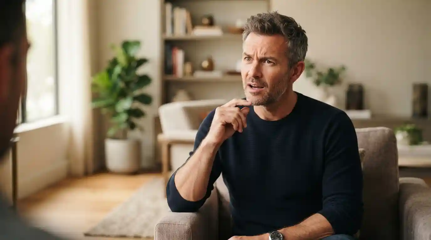 Man with a confused expression wondering about P Shot results duration before a consultation