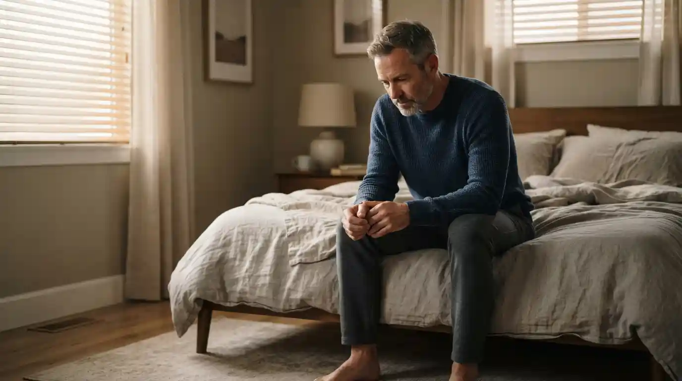 50-year-old man sitting thoughtfully on bed considering PRP treatment for erectile dysfunction