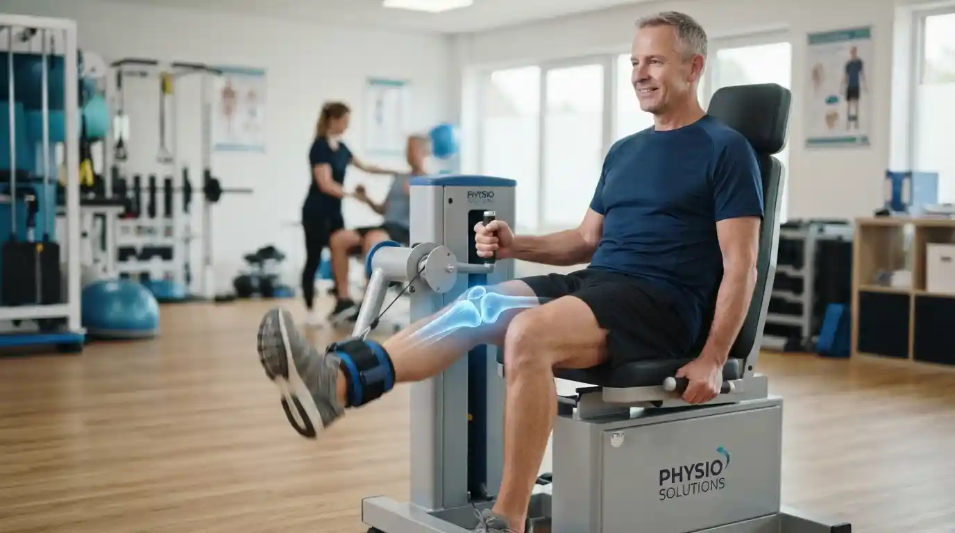 Seated leg extension exercise with digital knee joint overlay showing bone structure